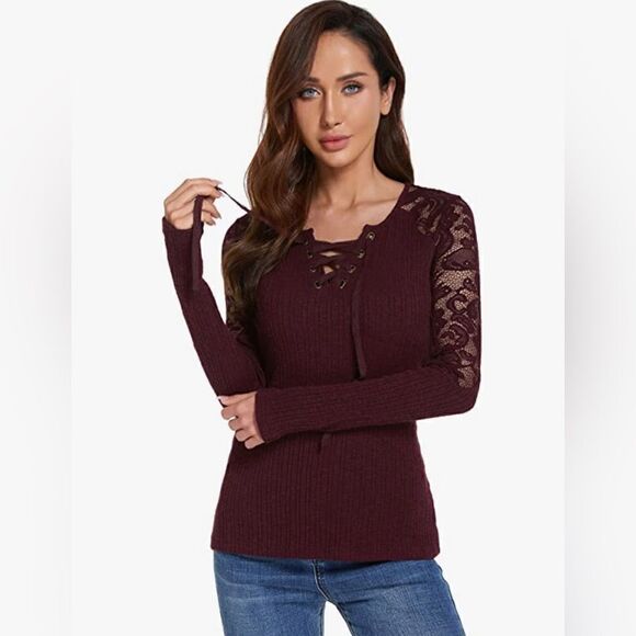 AmélieBoutik Women Floral Lace Inset Lace Up Ribbed Long Sleeve Knit Top - Picture 1 of 8